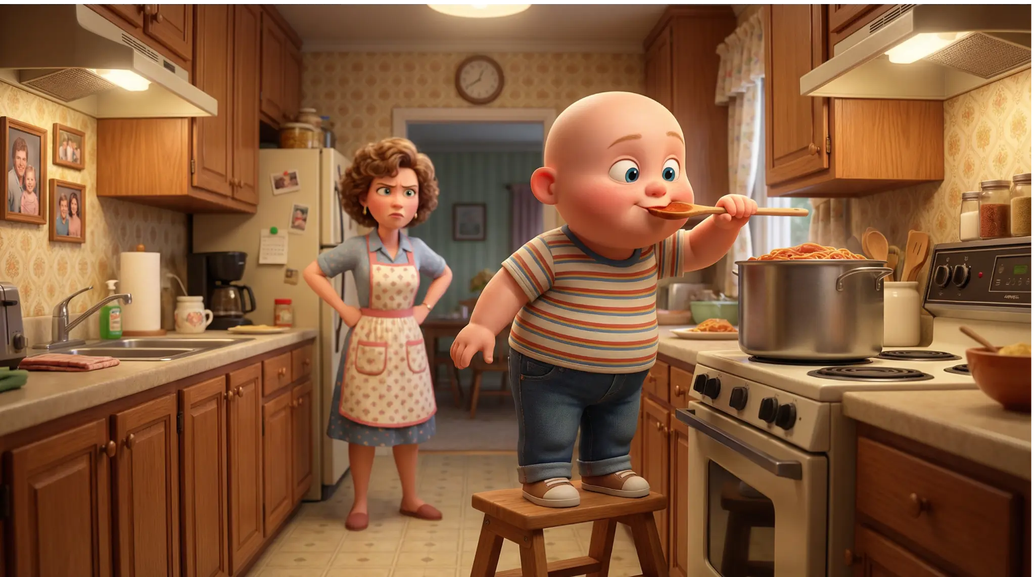 Young Scando tasting sauce in his mother's kitchen