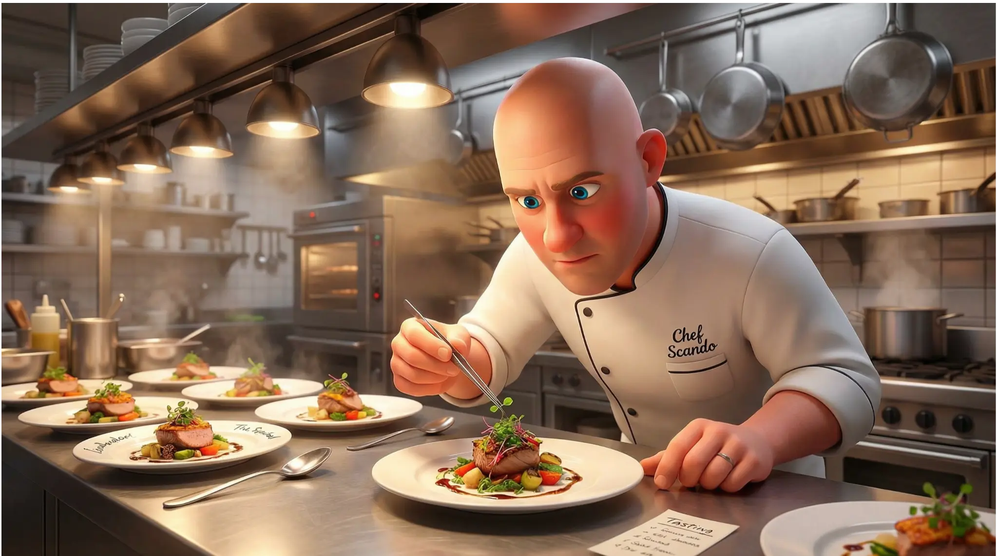 Scando perfecting a dish in his professional kitchen